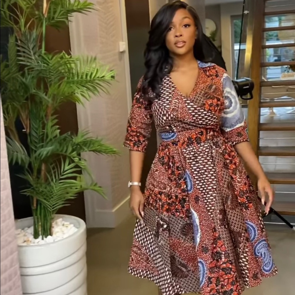 African Print Faux Wrap dress with back zipper.